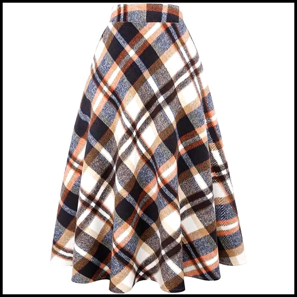 Wool Plaid Skirt High Waist A-Line Pleated Midi Length Elastic Waist